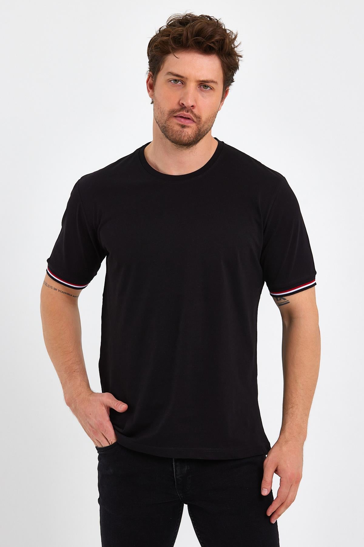 Erkek  Basic Kolları Şeritli %100 Pamuk Bisiklet Yaka Regular Fit 3'Lü T-shirt
