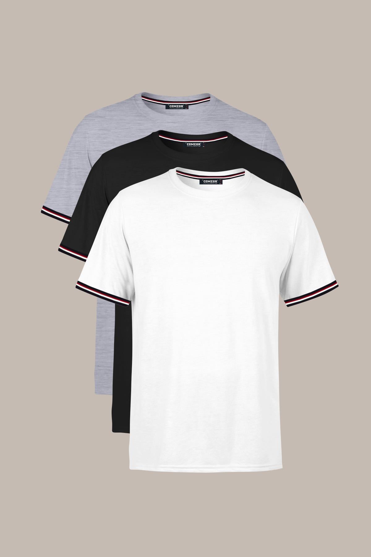 Erkek  Basic Kolları Şeritli %100 Pamuk Bisiklet Yaka Regular Fit 3'Lü T-shirt