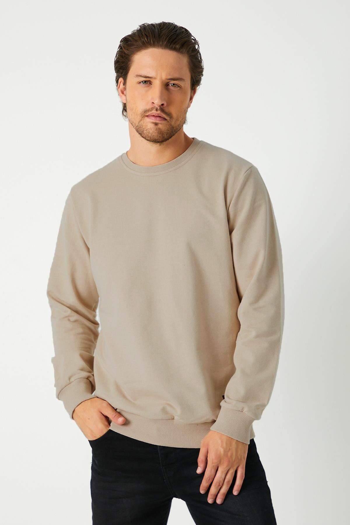 Erkek Bej Basic Bisiklet Yaka Regular Fit Normal Kesim 2 İplik Sweatshirt