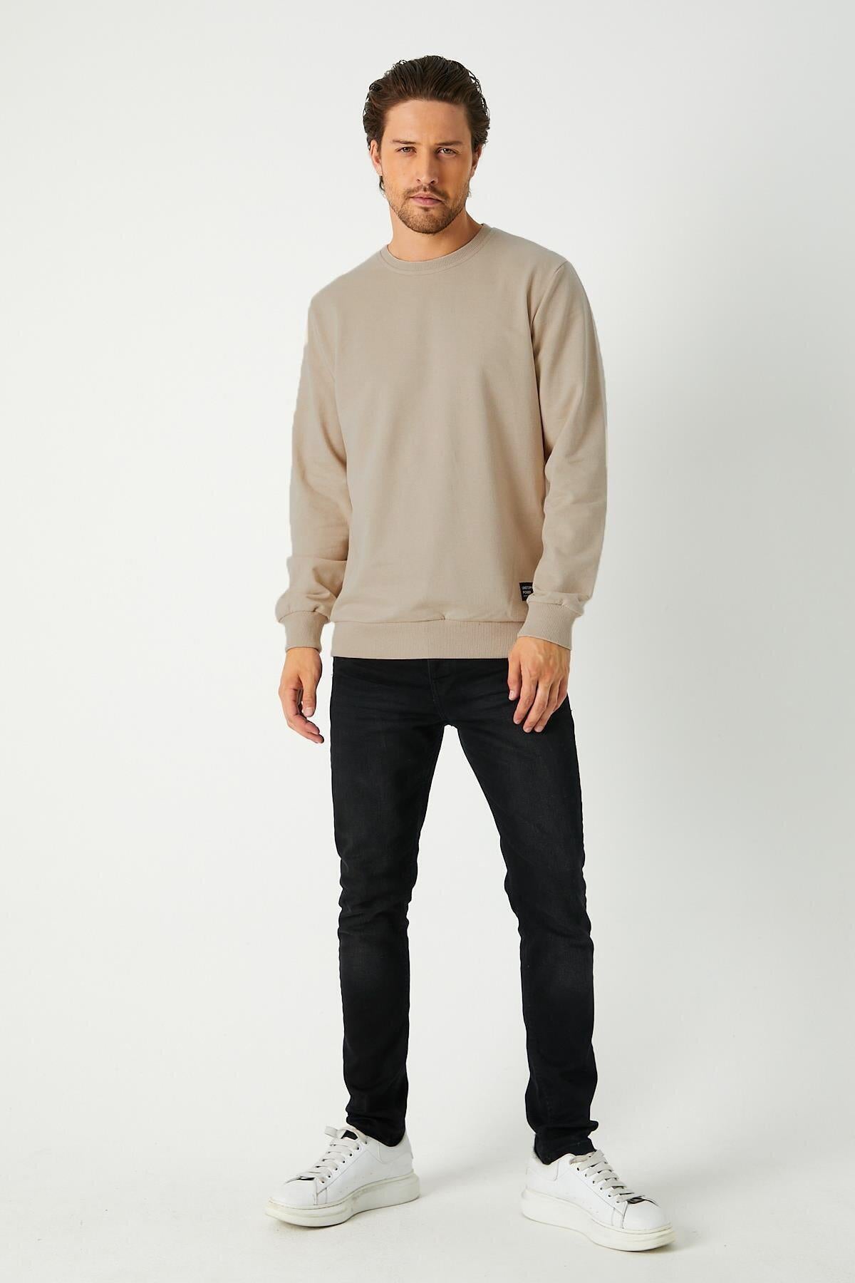 Erkek Bej Basic Bisiklet Yaka Regular Fit Normal Kesim 2 İplik Sweatshirt