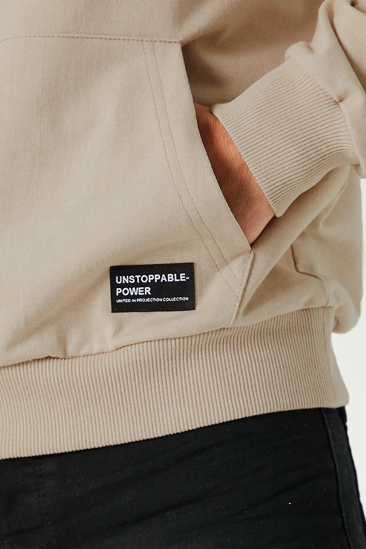 Erkek Bej Basic Kapüşonlu Regular Fit Normal Kesim 2 İplik Kumaş Günlük Sweatshirt