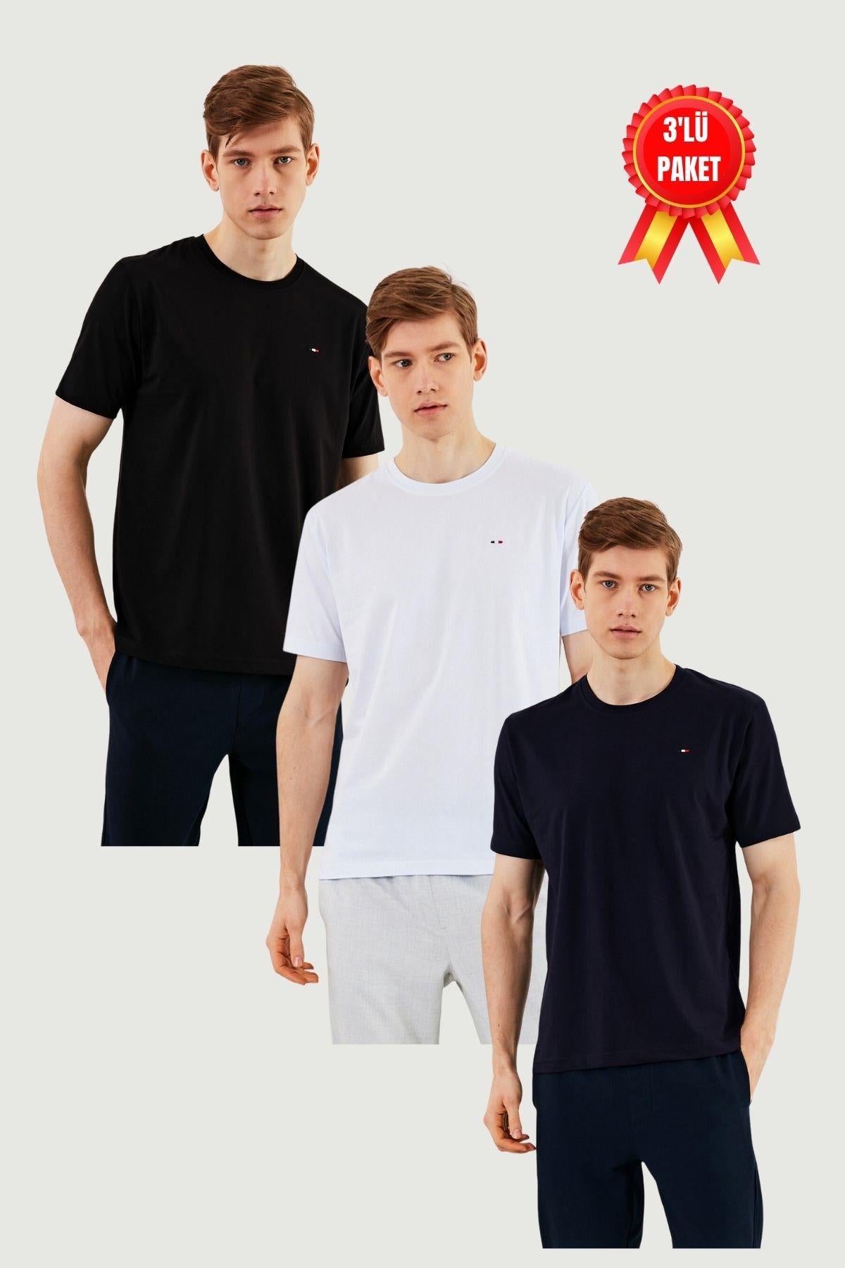 Erkek 3'lü Bisiklet Yaka T-shirt %100 Pamuk Nakış Detaylı Basic Siyah-Beyaz-Lacivert Tişört