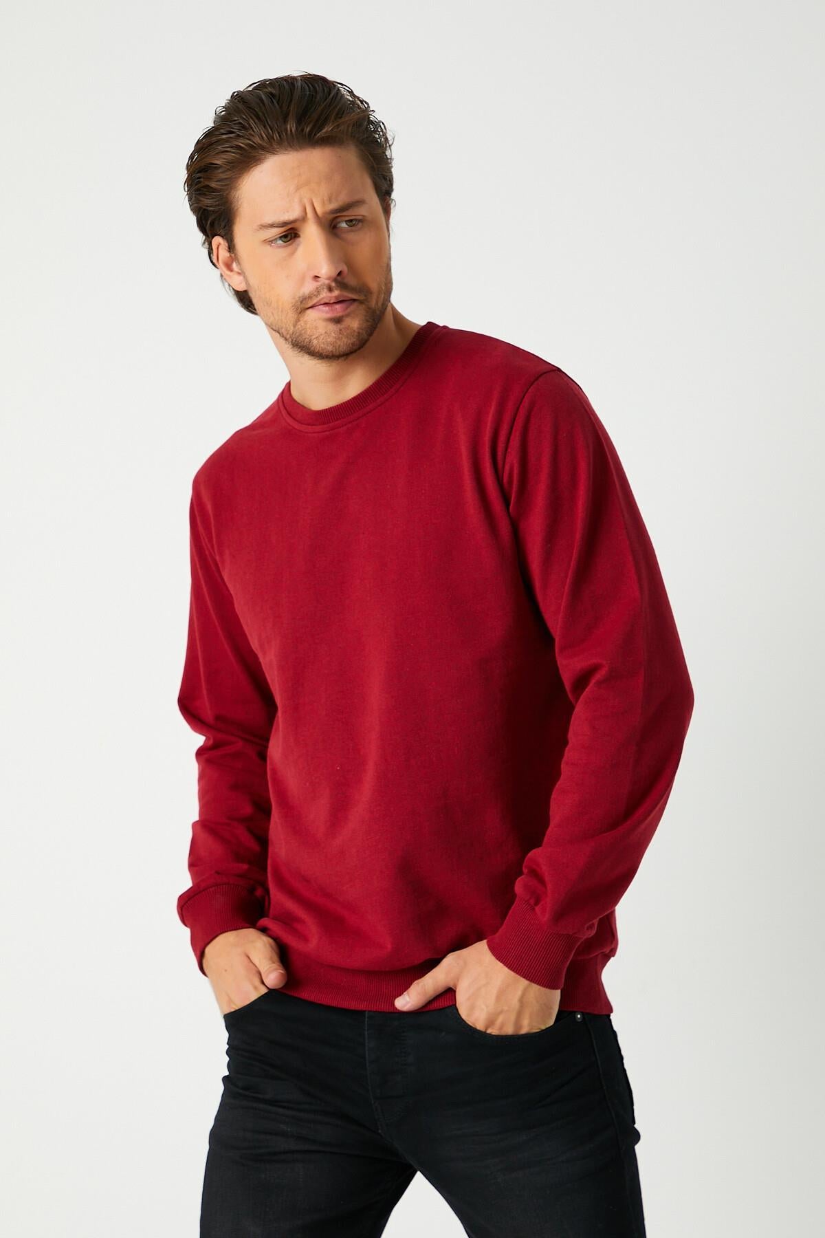 Erkek Bordo Basic Bisiklet Yaka Regular Fit Normal Kesim 2 İplik Sweatshirt