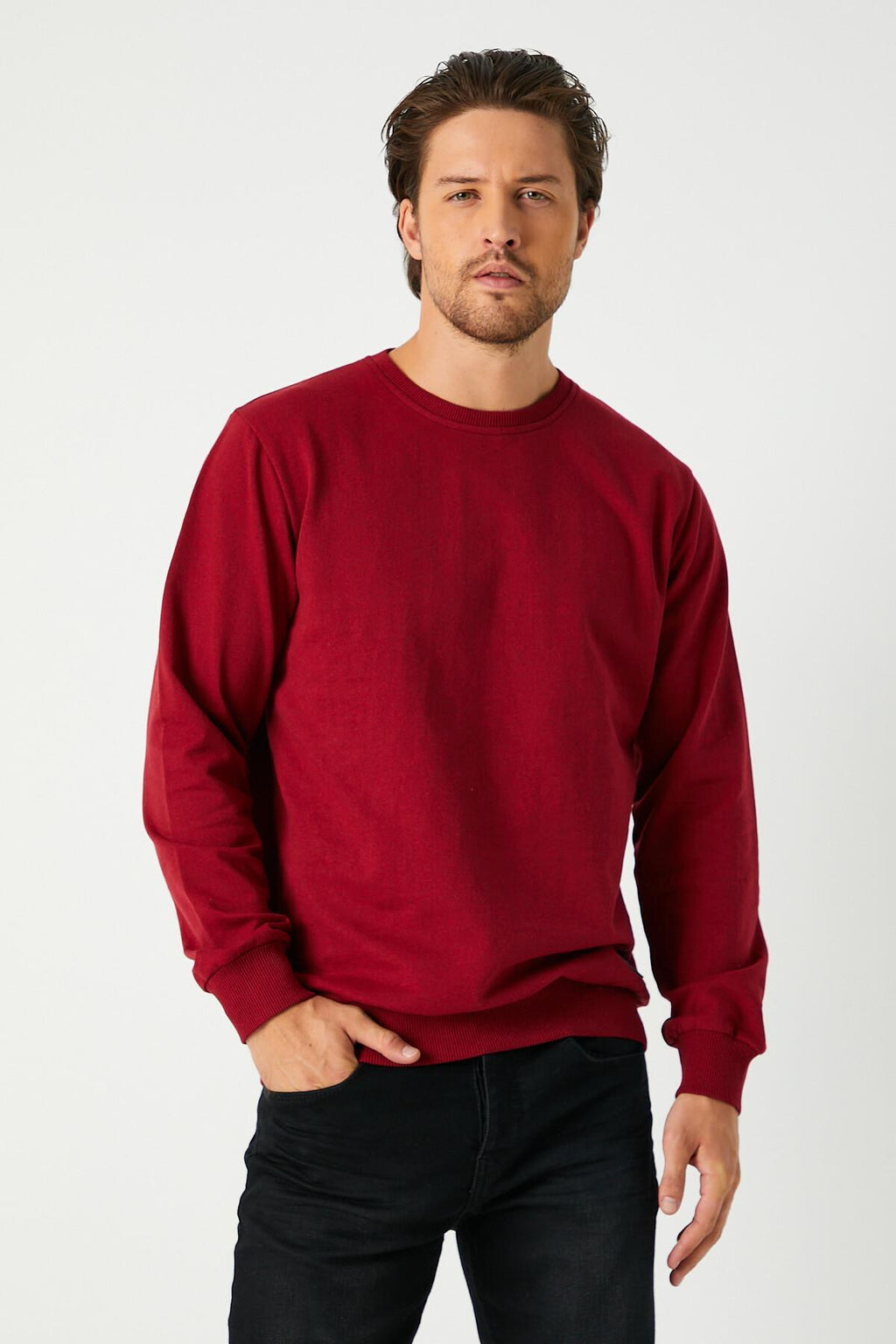 Erkek Bordo Basic Bisiklet Yaka Regular Fit Normal Kesim 2 İplik Sweatshirt
