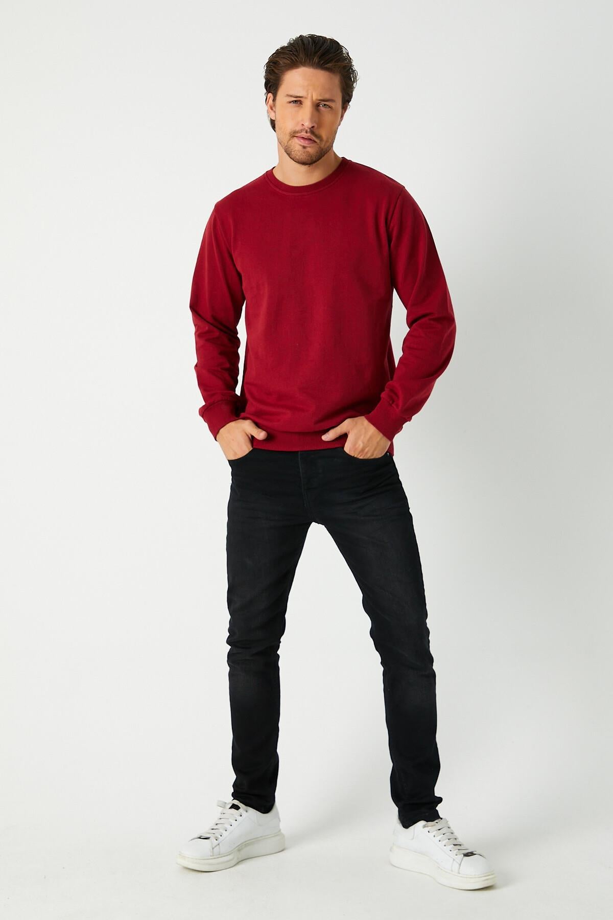Erkek Bordo Basic Bisiklet Yaka Regular Fit Normal Kesim 2 İplik Sweatshirt