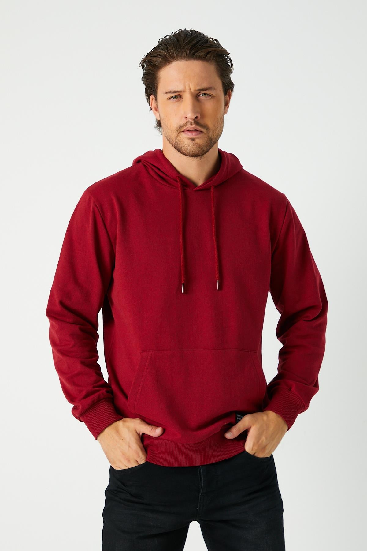 Erkek Bordo Basic Kapüşonlu Regular Fit Normal Kesim 2 İplik Kumaş Günlük Sweatshirt