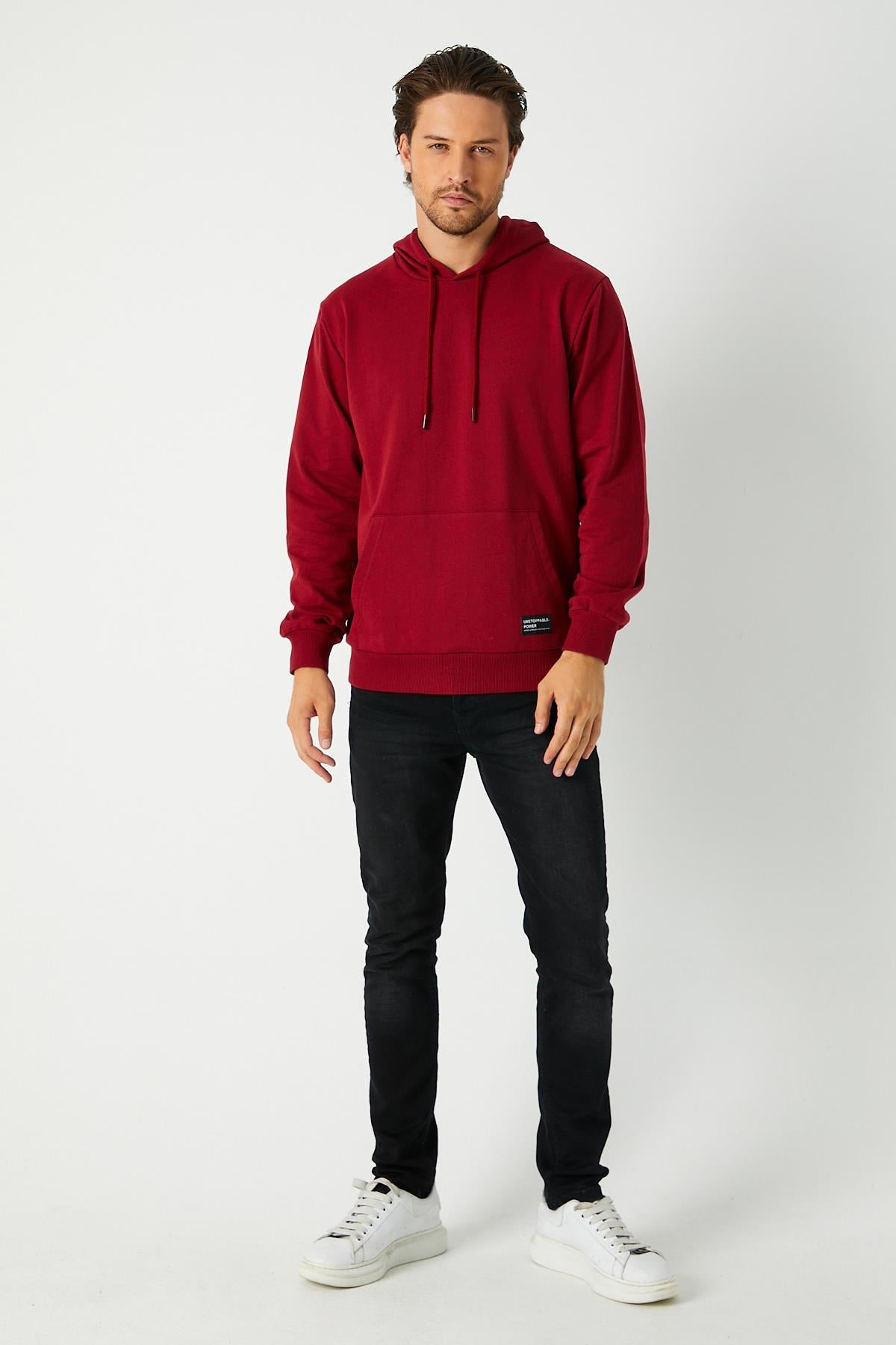 Erkek Bordo Basic Kapüşonlu Regular Fit Normal Kesim 2 İplik Kumaş Günlük Sweatshirt