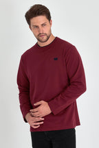 Erkek Bordo Çift Bisiklet Yaka Baskı Detaylı Standart Rahat Kesim Sweatshirt CMRE72