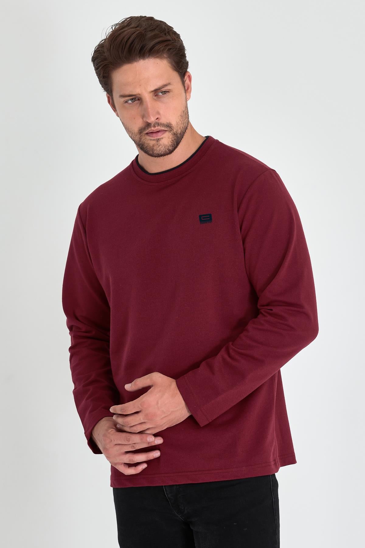 Erkek Bordo Çift Bisiklet Yaka Baskı Detaylı Standart Rahat Kesim Sweatshirt CMRE72