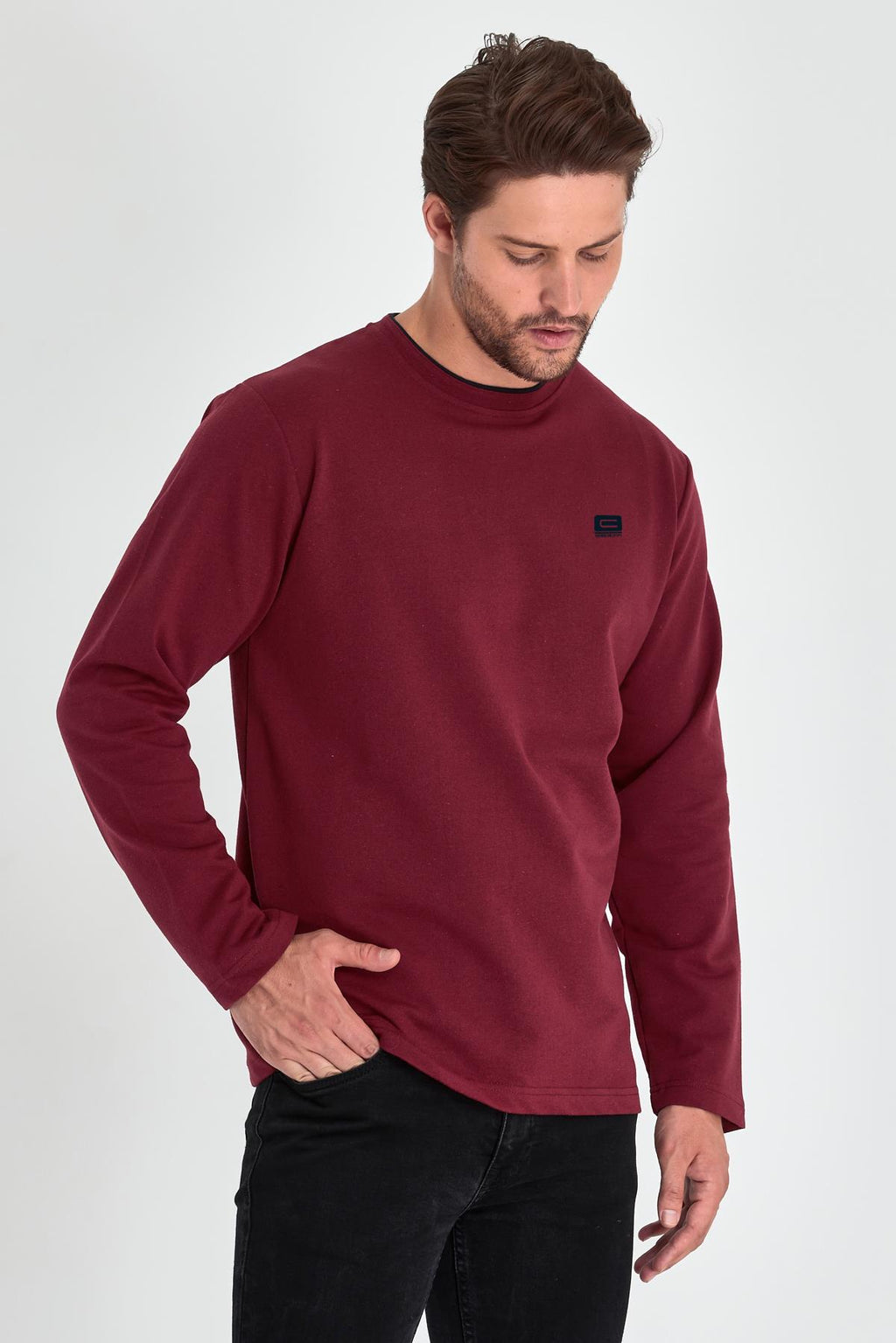 Erkek Bordo Çift Bisiklet Yaka Baskı Detaylı Standart Rahat Kesim Sweatshirt CMRE72