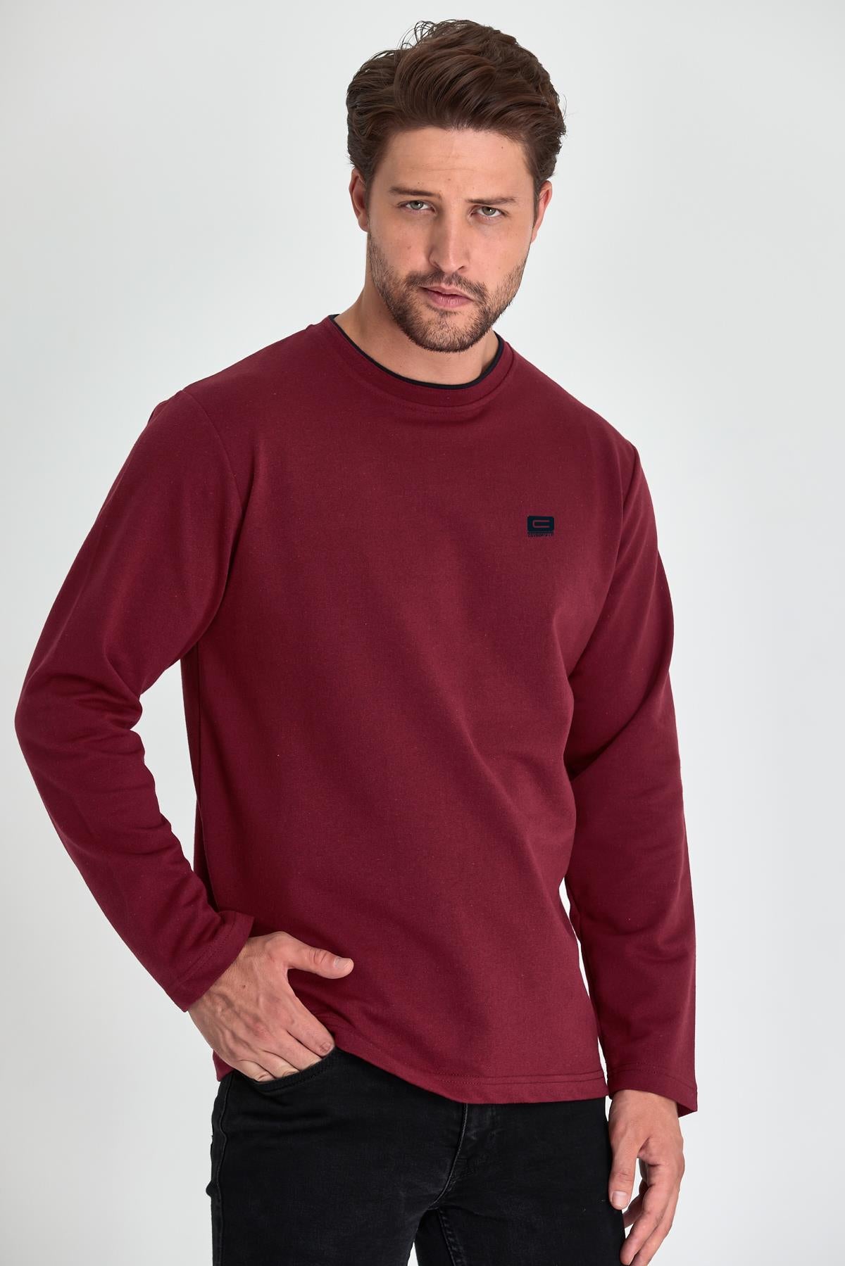 Erkek Bordo Çift Bisiklet Yaka Baskı Detaylı Standart Rahat Kesim Sweatshirt CMRE72