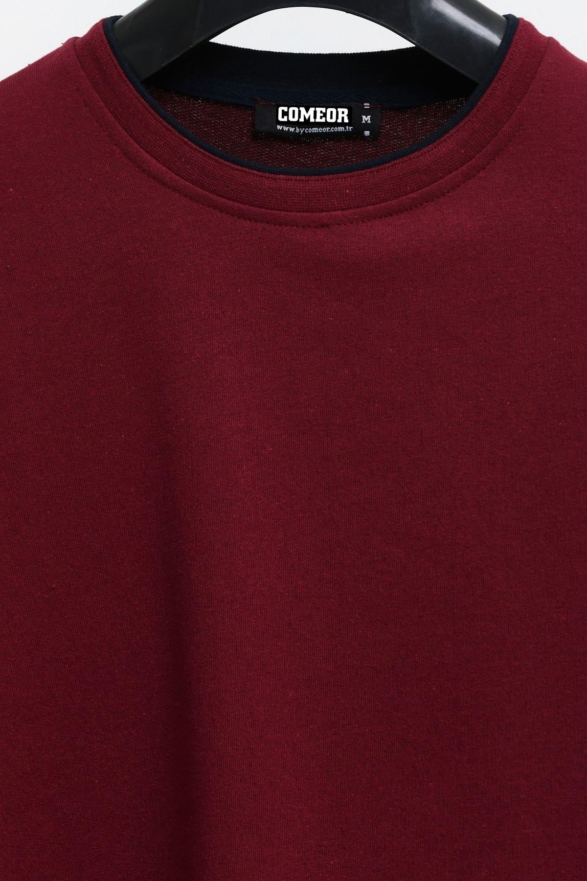 Erkek Bordo Çift Bisiklet Yaka Baskı Detaylı Standart Rahat Kesim Sweatshirt CMRE72