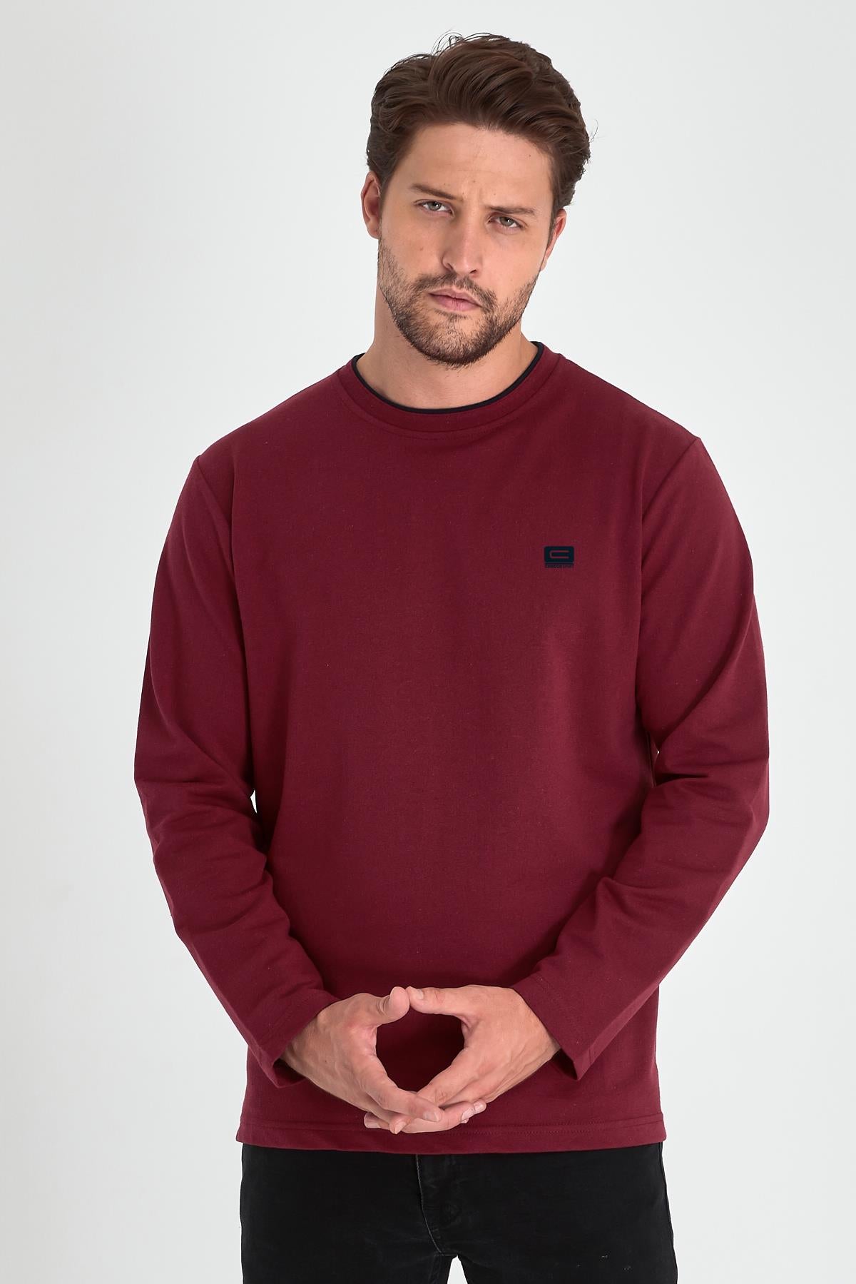 Erkek Bordo Çift Bisiklet Yaka Baskı Detaylı Standart Rahat Kesim Sweatshirt CMRE72