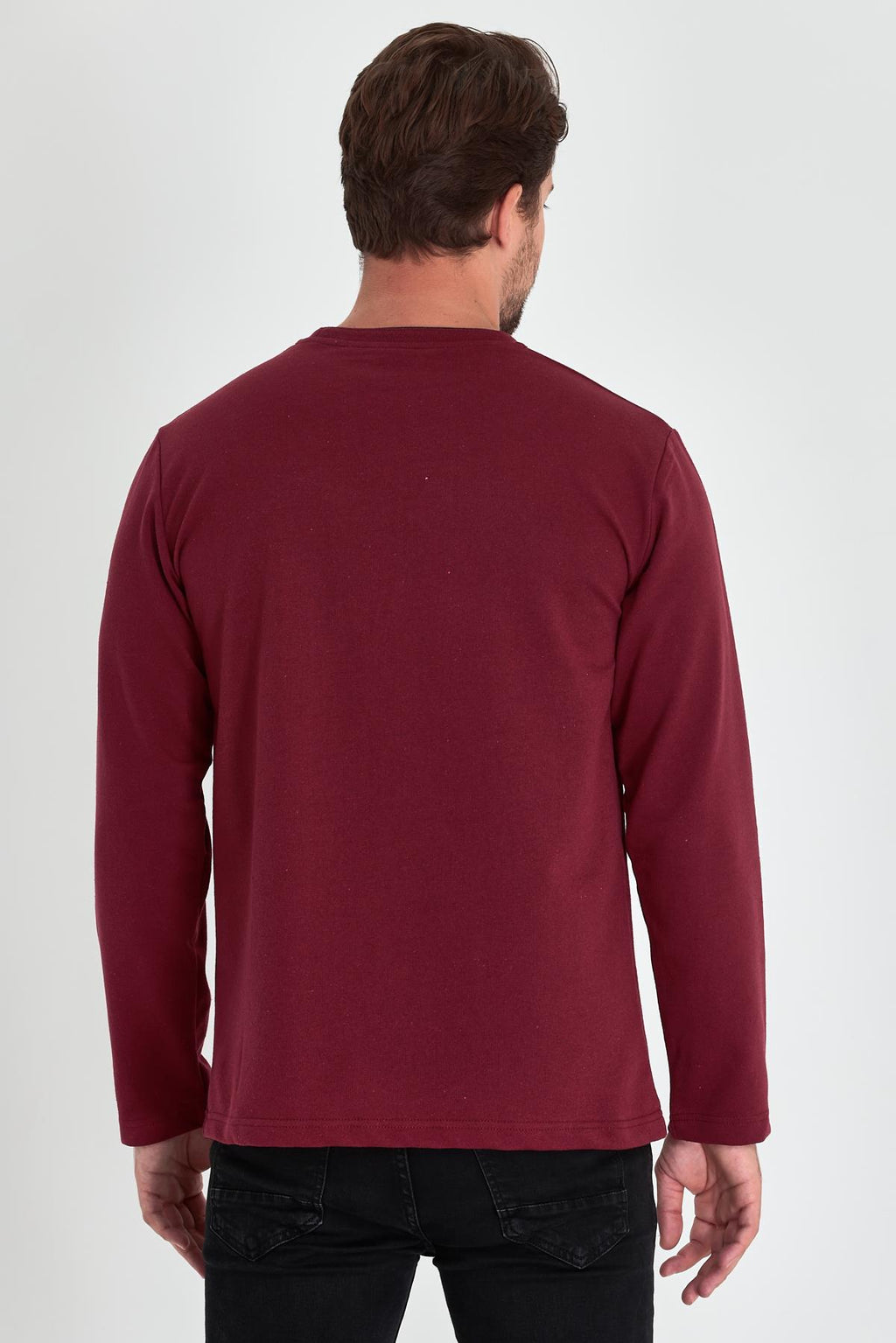 Erkek Bordo Çift Bisiklet Yaka Baskı Detaylı Standart Rahat Kesim Sweatshirt CMRE72