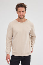 Erkek Bej Standart Fit Normal Kesim Pamuklu Basic Bisiklet Yaka Sweatshirt