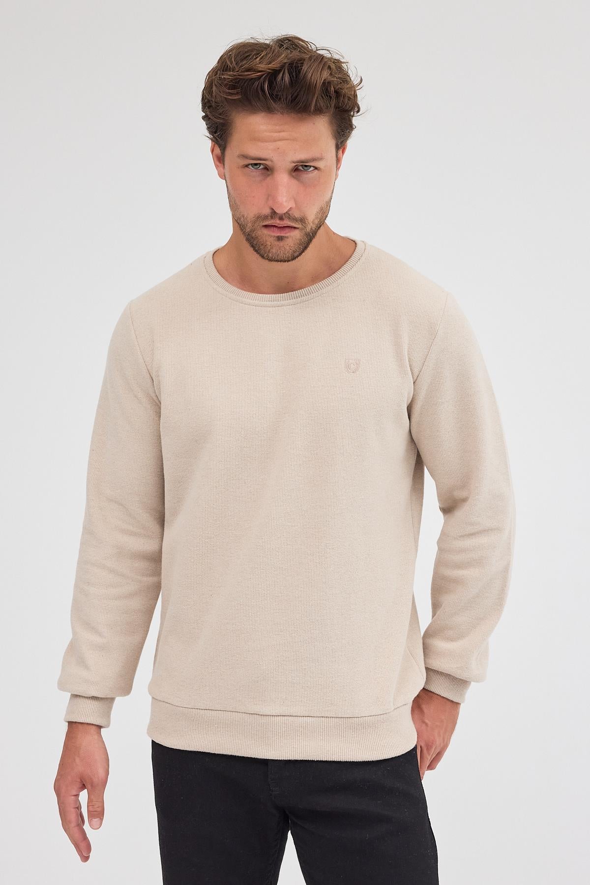 Erkek Bej Standart Fit Normal Kesim Pamuklu Basic Bisiklet Yaka Sweatshirt