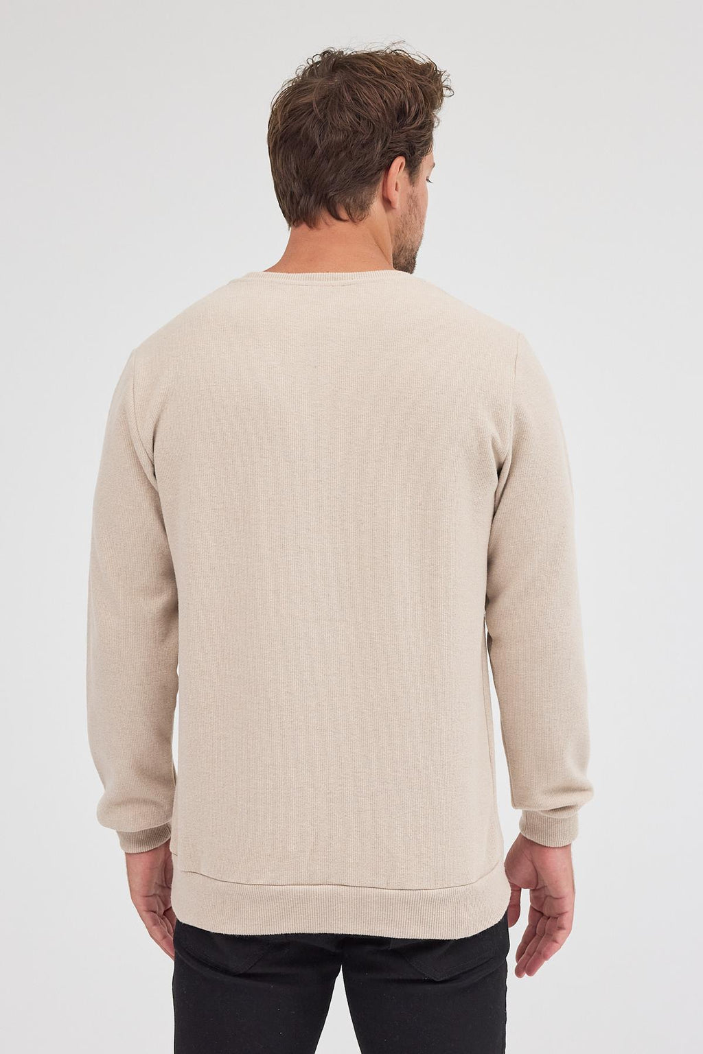 Erkek Bej Standart Fit Normal Kesim Pamuklu Basic Bisiklet Yaka Sweatshirt