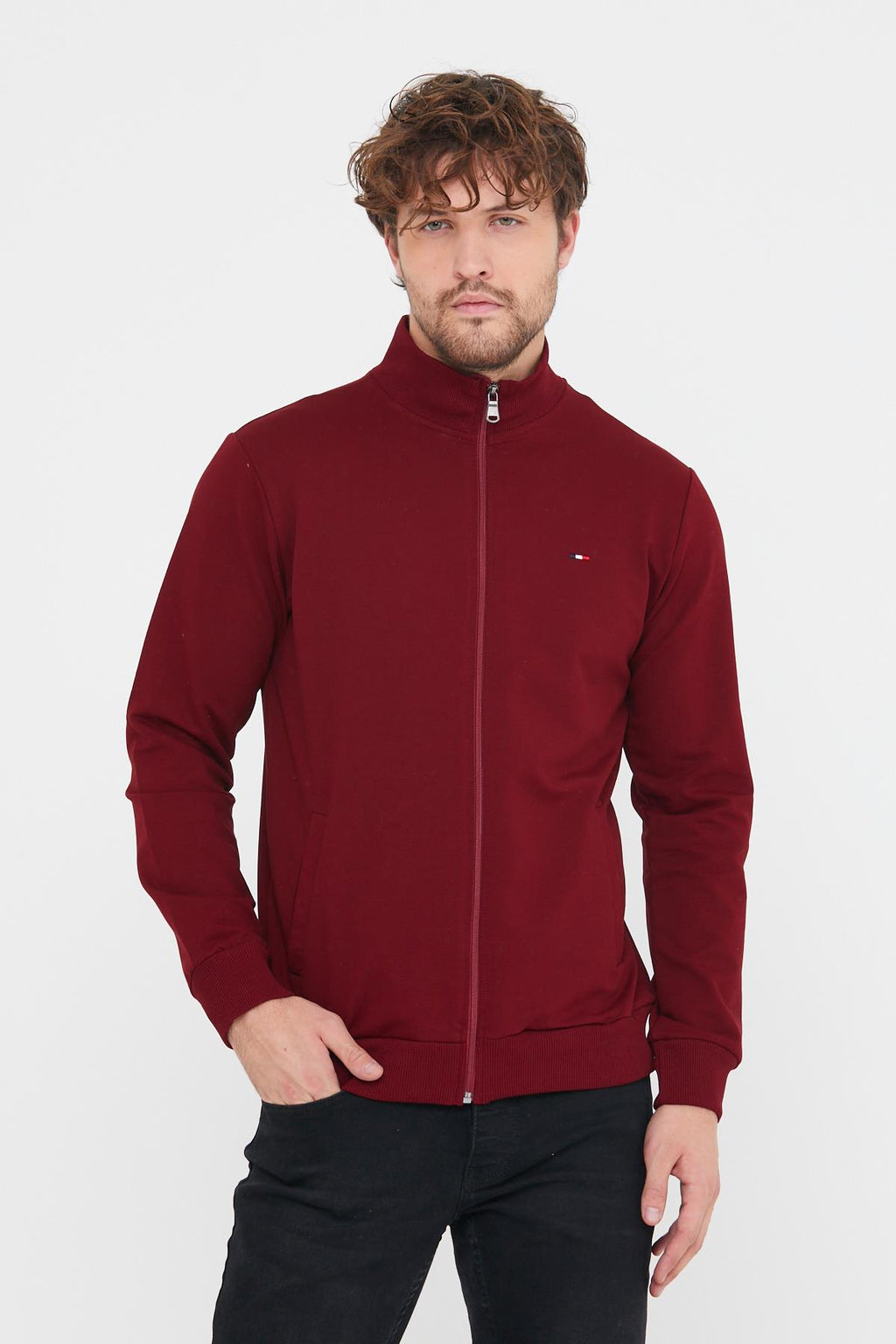 Erkek Bordo Uzun Kollu Önü Fermuarlı Hırka CMRE8293