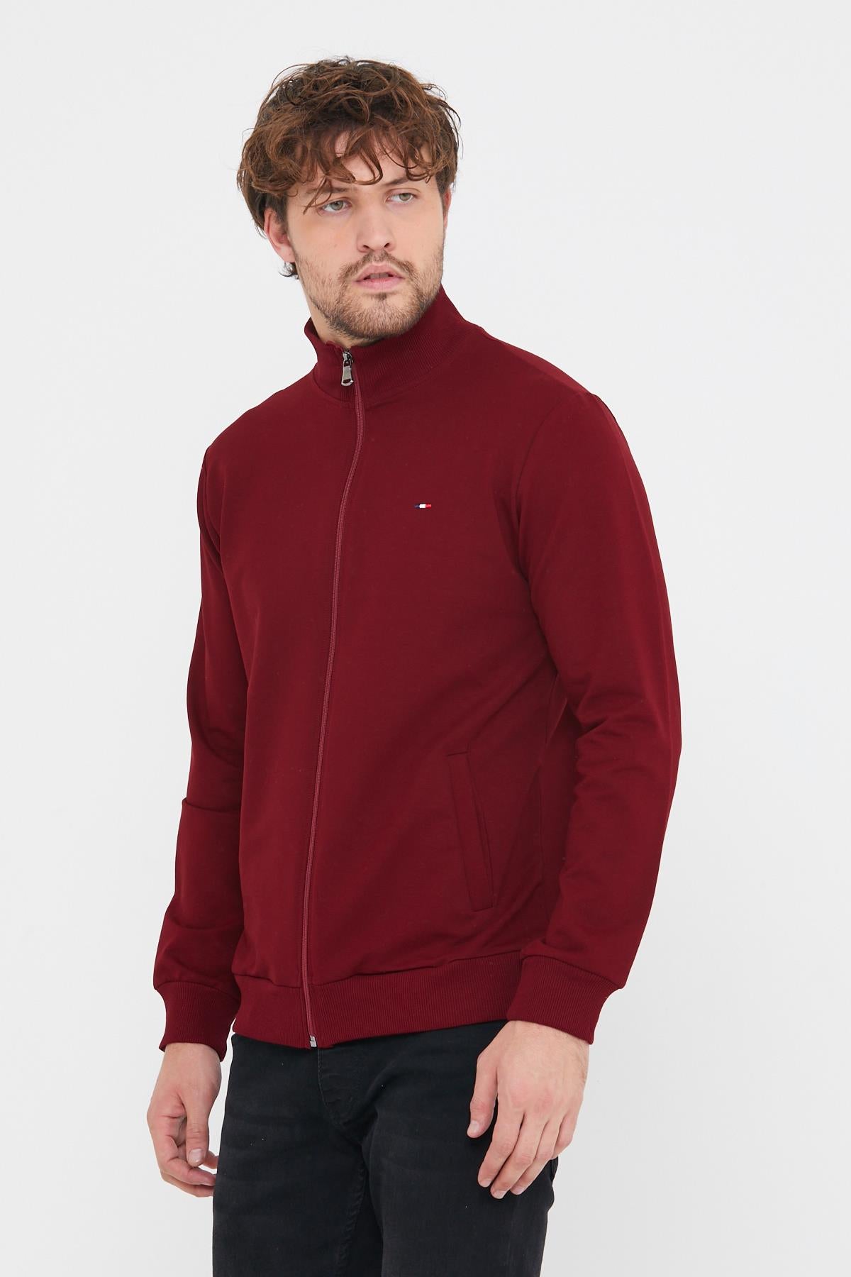 Erkek Bordo Uzun Kollu Önü Fermuarlı Hırka CMRE8293