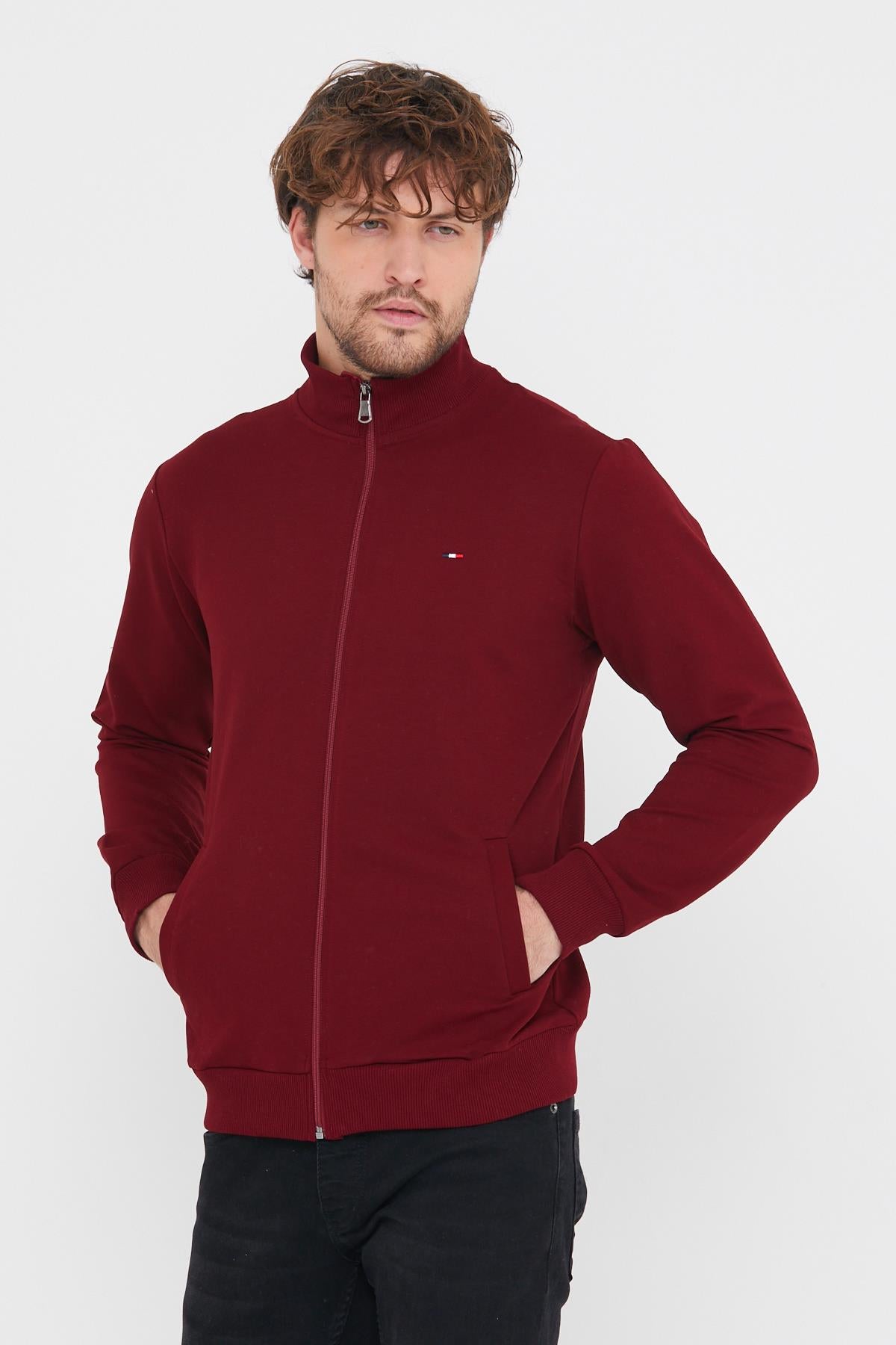 Erkek Bordo Uzun Kollu Önü Fermuarlı Hırka CMRE8293