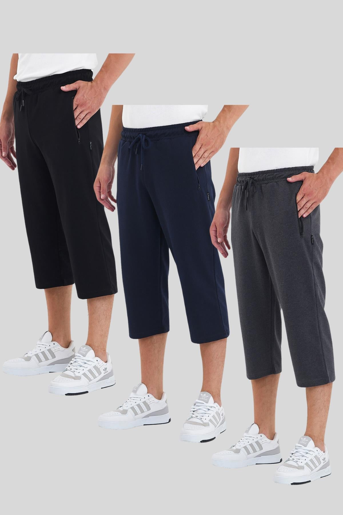 Erkek 3'Lü Cepleri Fermuarlı Bermuda Diz Altı Kapri Beli Ayarlanabilir Lastikli Uzun Şort CMRE94