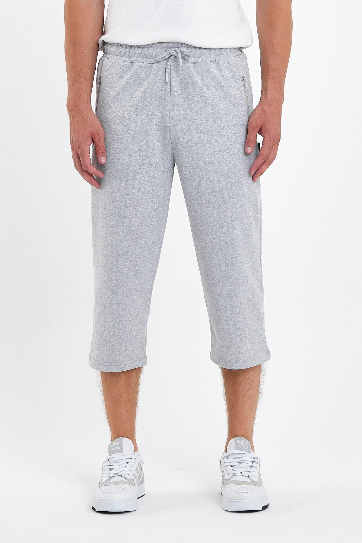 Erkek Cepleri Fermuarlı Gri Bermuda Diz Altı Kapri Beli Ayarlanabilir Lastikli Uzun Şort