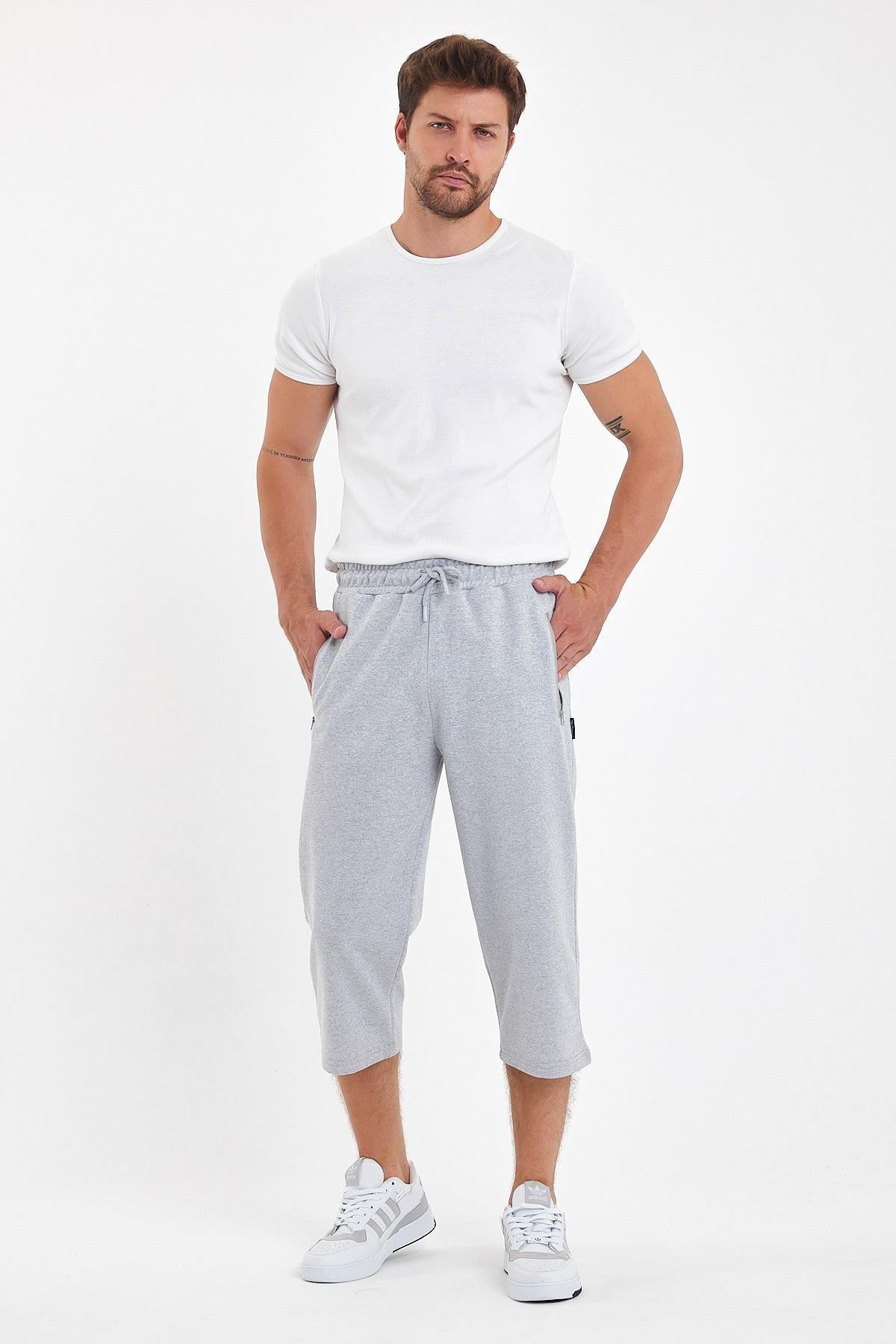 Erkek Cepleri Fermuarlı Gri Bermuda Diz Altı Kapri Beli Ayarlanabilir Lastikli Uzun Şort