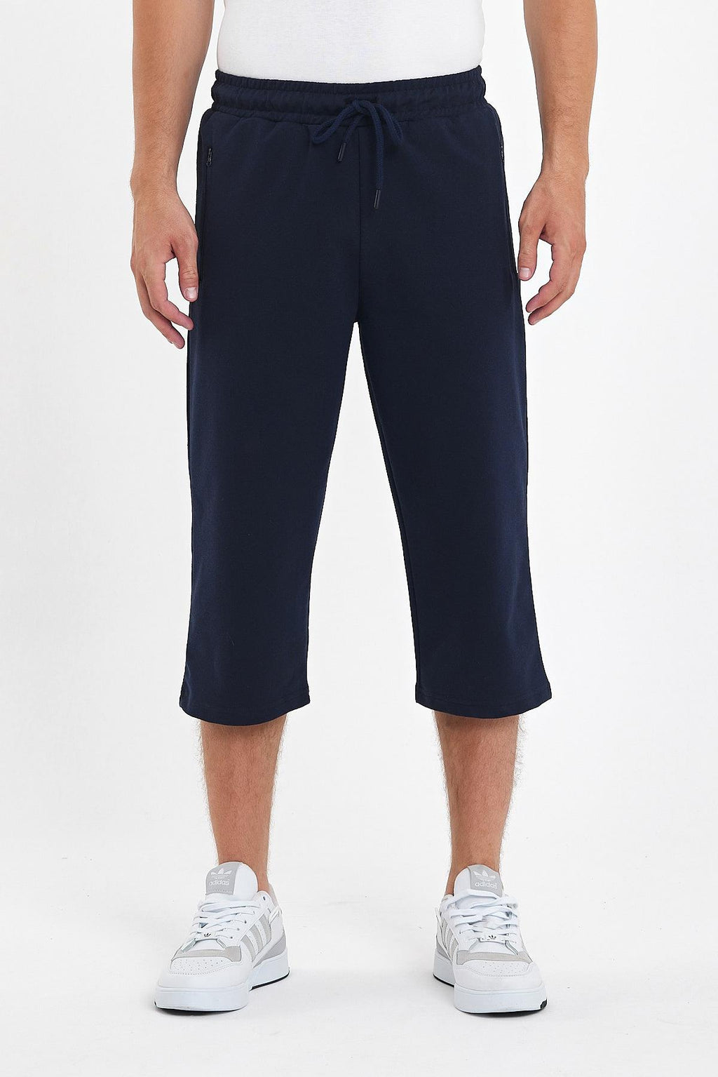 Erkek Cepleri Fermuarlı Lacivert Bermuda Diz Altı Kapri Beli Ayarlanabilir Lastikli Uzun Şort