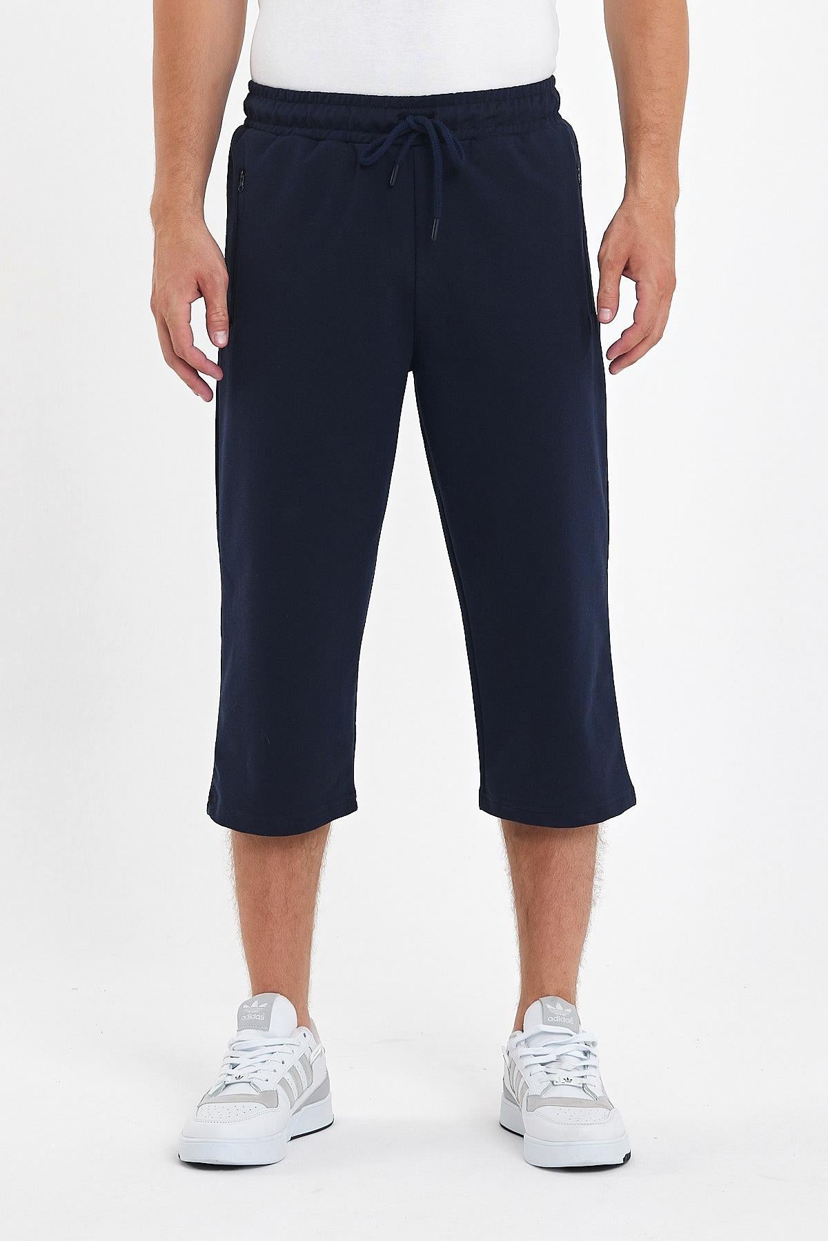 Erkek Cepleri Fermuarlı Lacivert Bermuda Diz Altı Kapri Beli Ayarlanabilir Lastikli Uzun Şort