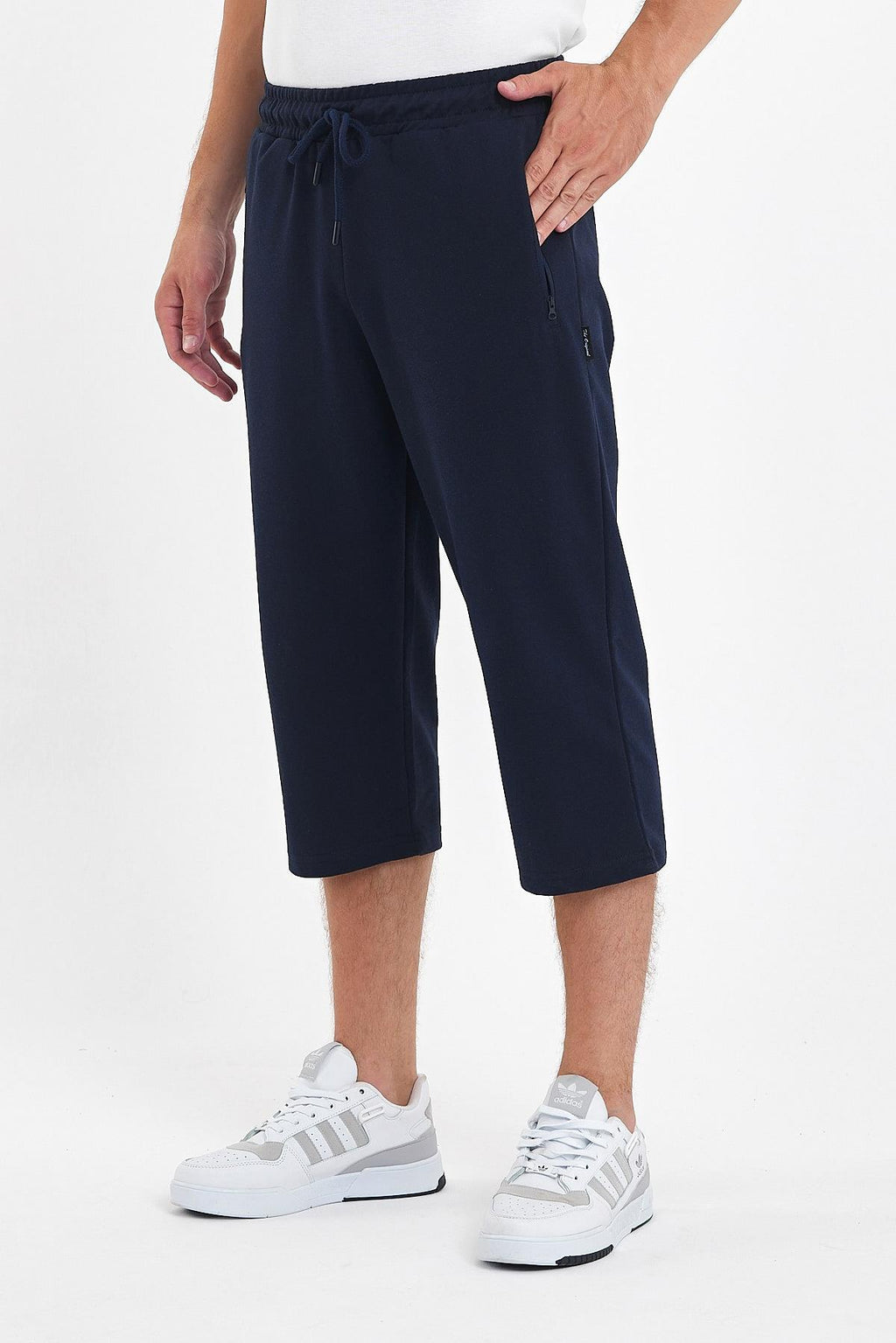 Erkek Cepleri Fermuarlı Lacivert Bermuda Diz Altı Kapri Beli Ayarlanabilir Lastikli Uzun Şort