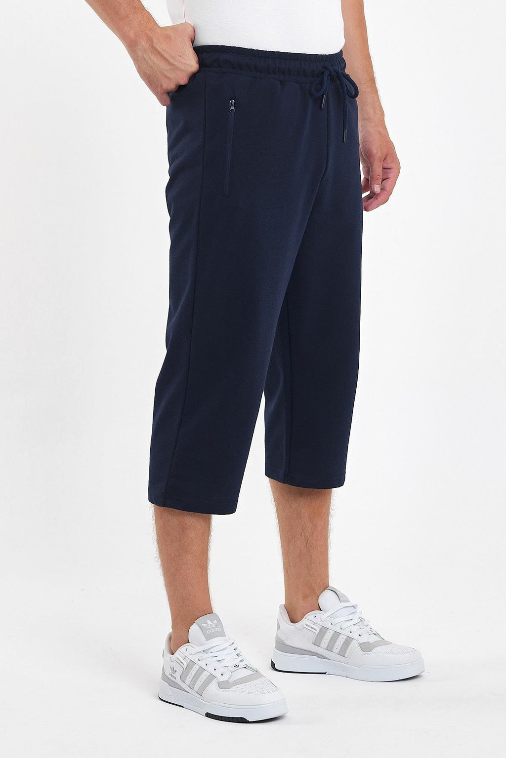 Erkek Cepleri Fermuarlı Lacivert Bermuda Diz Altı Kapri Beli Ayarlanabilir Lastikli Uzun Şort