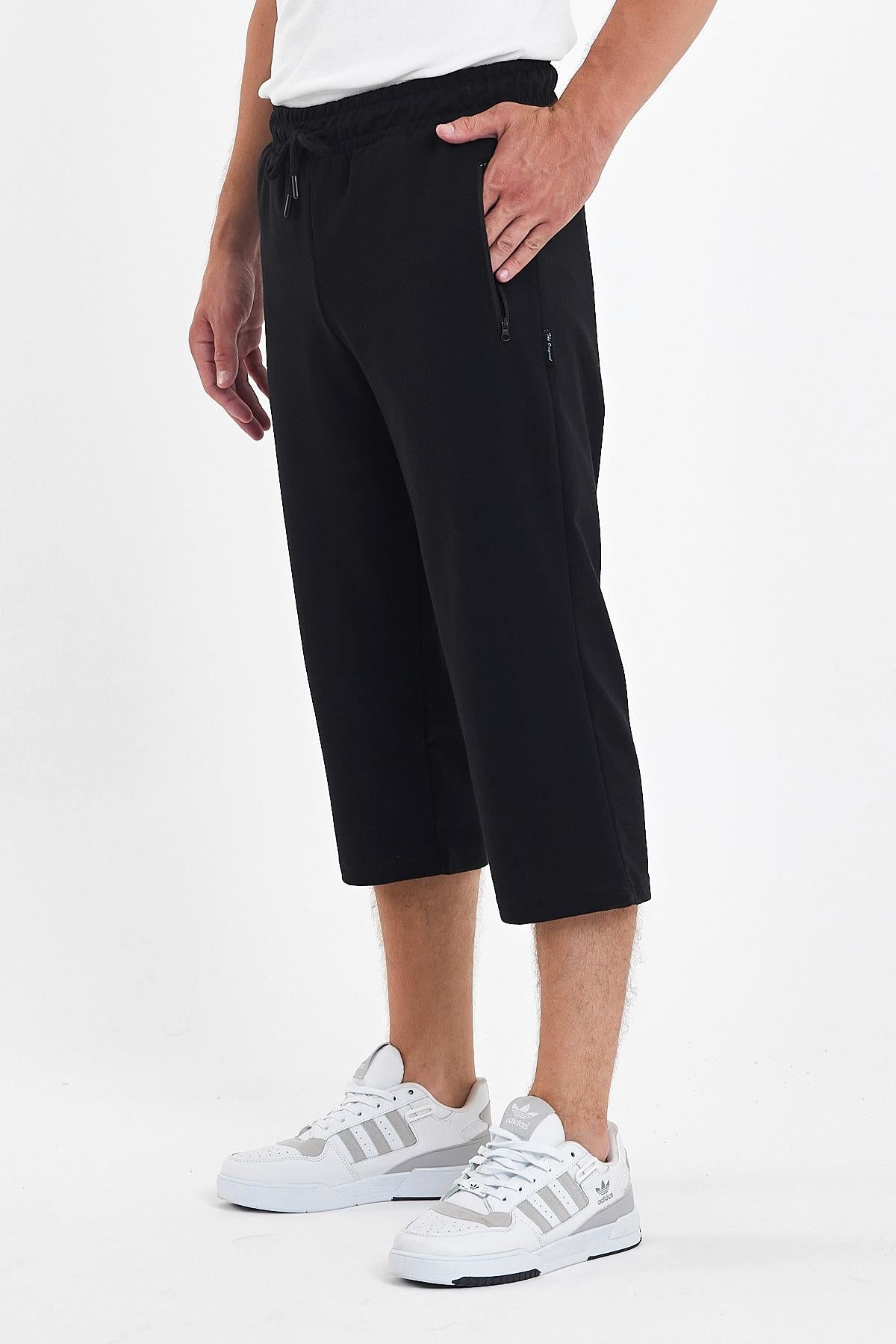 Erkek Cepleri Fermuarlı Siyah Bermuda Diz Altı Kapri Beli Ayarlanabilir Lastikli Uzun Şort