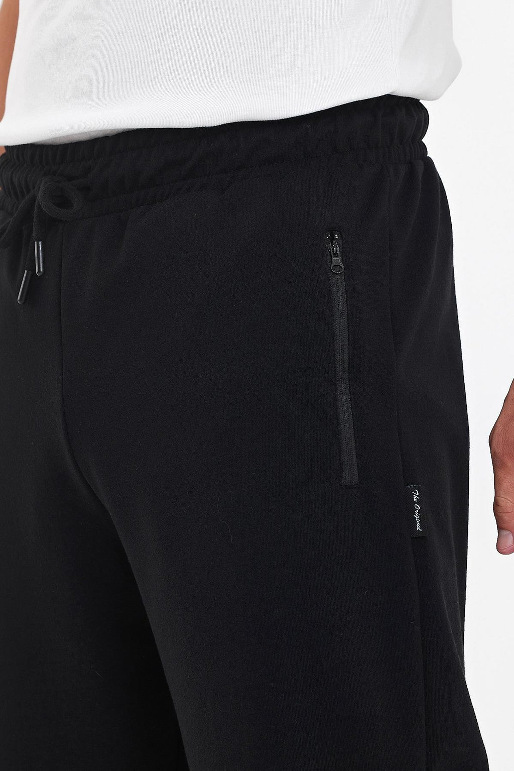 Erkek Cepleri Fermuarlı Siyah Bermuda Diz Altı Kapri Beli Ayarlanabilir Lastikli Uzun Şort