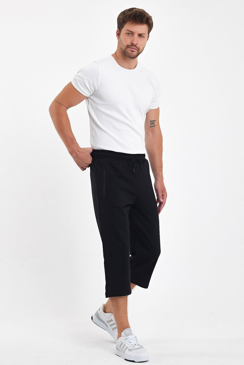 Erkek Cepleri Fermuarlı Siyah Bermuda Diz Altı Kapri Beli Ayarlanabilir Lastikli Uzun Şort