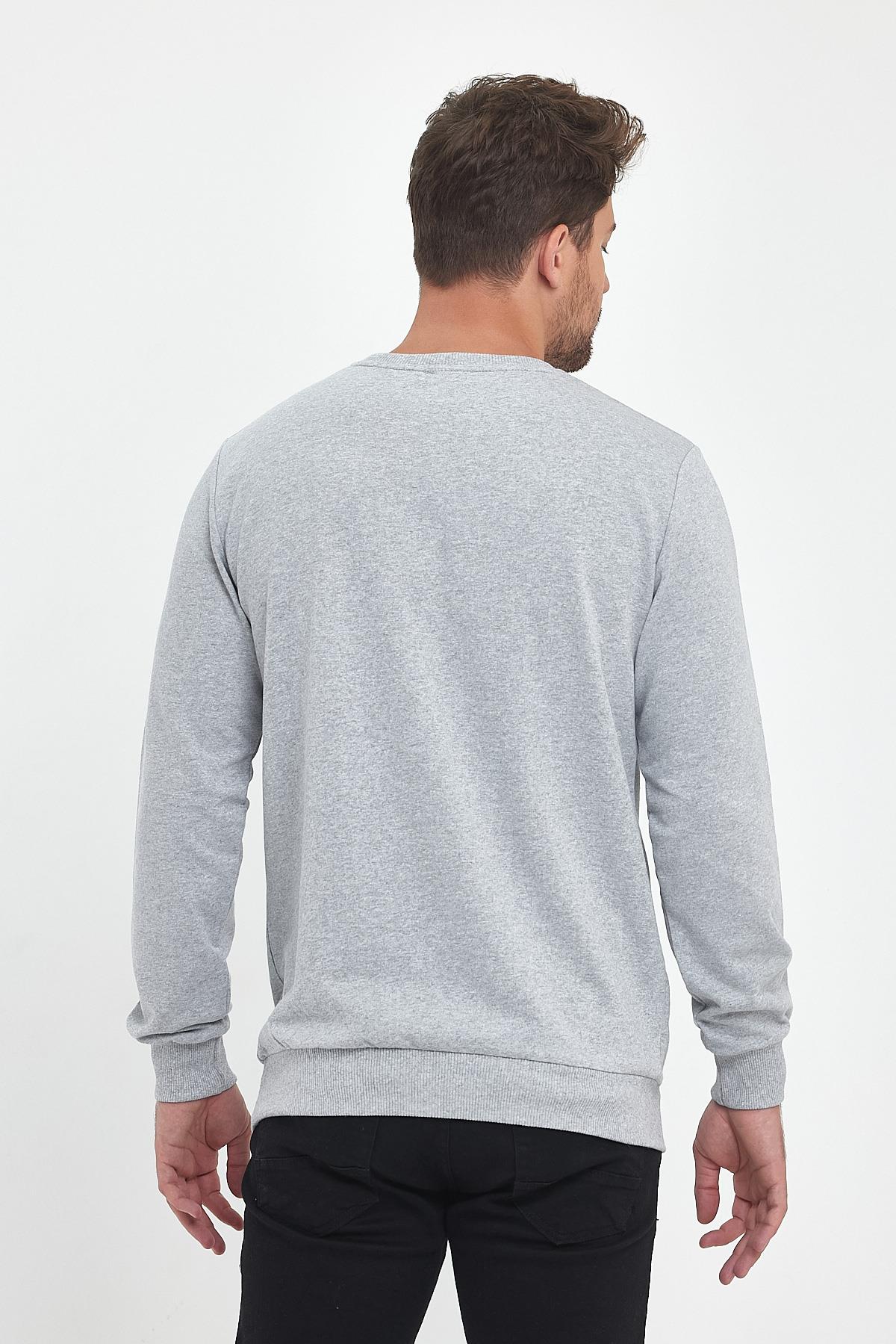Erkek Gri Bisiklet Yaka Nakış Detaylı Regular Fit Sweatshirt CMRE71-GRİ