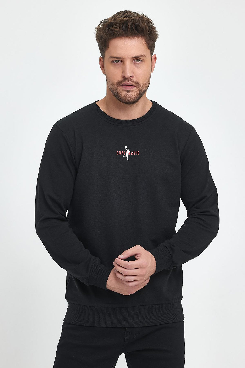 Erkek Siyah Bisiklet Yaka Nakış Detaylı Regular Fit Sweatshirt