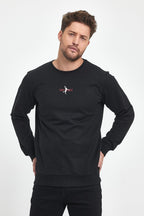 Erkek Siyah Bisiklet Yaka Nakış Detaylı Regular Fit Sweatshirt