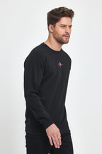 Erkek Siyah Bisiklet Yaka Nakış Detaylı Regular Fit Sweatshirt