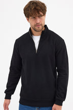 Erkek Siyah Standart Fit Normal Kesim Pamuklu Yarım Fermuarlı Dik Yaka Pamuklu Sweatshirt
