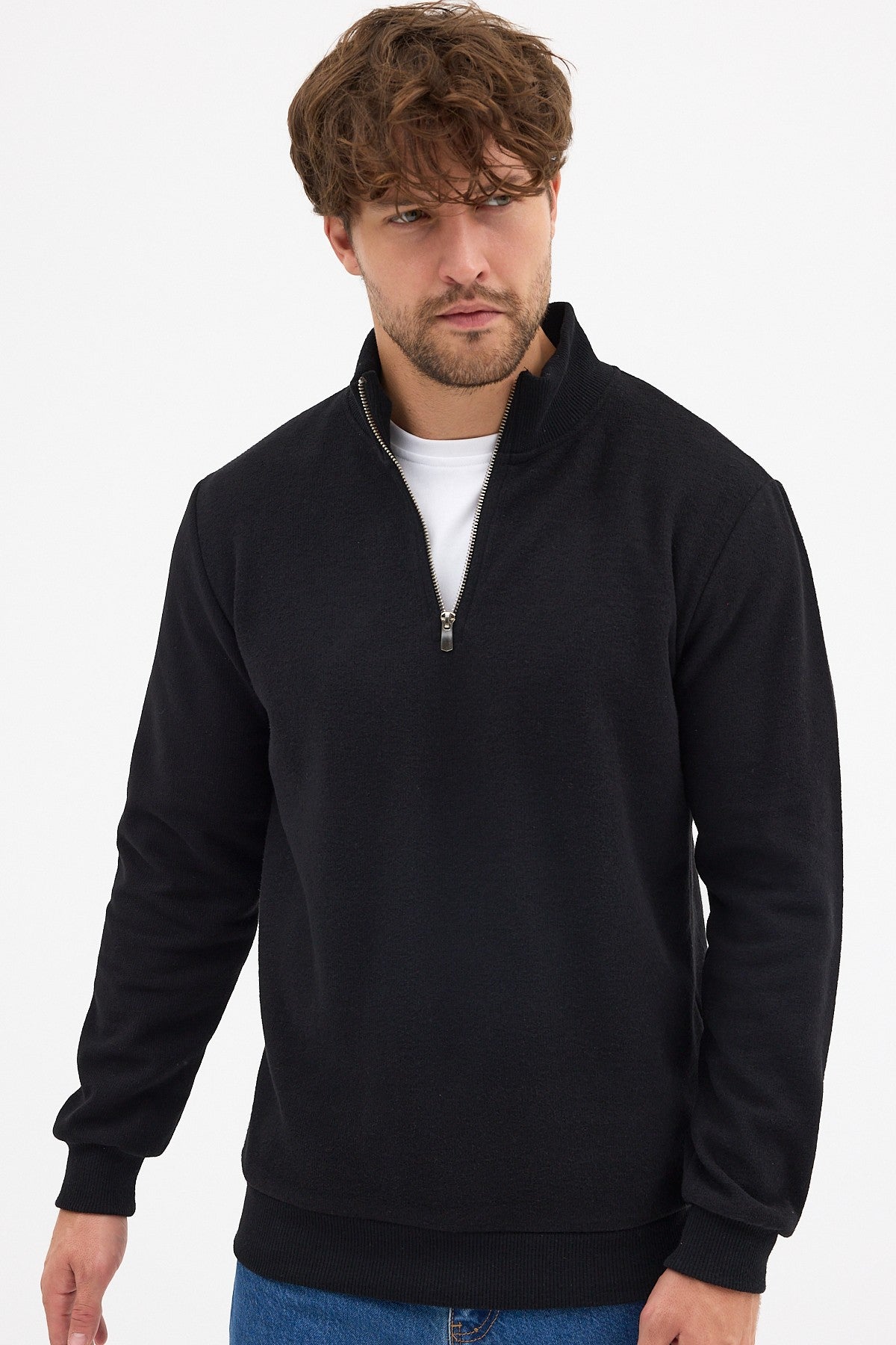 Erkek Siyah Standart Fit Normal Kesim Pamuklu Yarım Fermuarlı Dik Yaka Pamuklu Sweatshirt