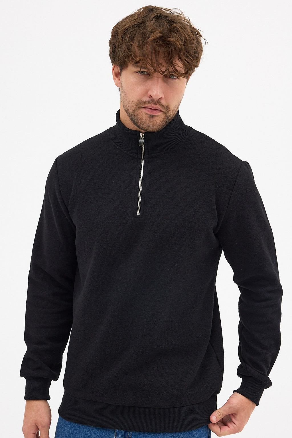 Erkek Siyah Standart Fit Normal Kesim Pamuklu Yarım Fermuarlı Dik Yaka Pamuklu Sweatshirt