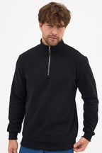 Erkek Siyah Standart Fit Normal Kesim Pamuklu Yarım Fermuarlı Dik Yaka Pamuklu Sweatshirt