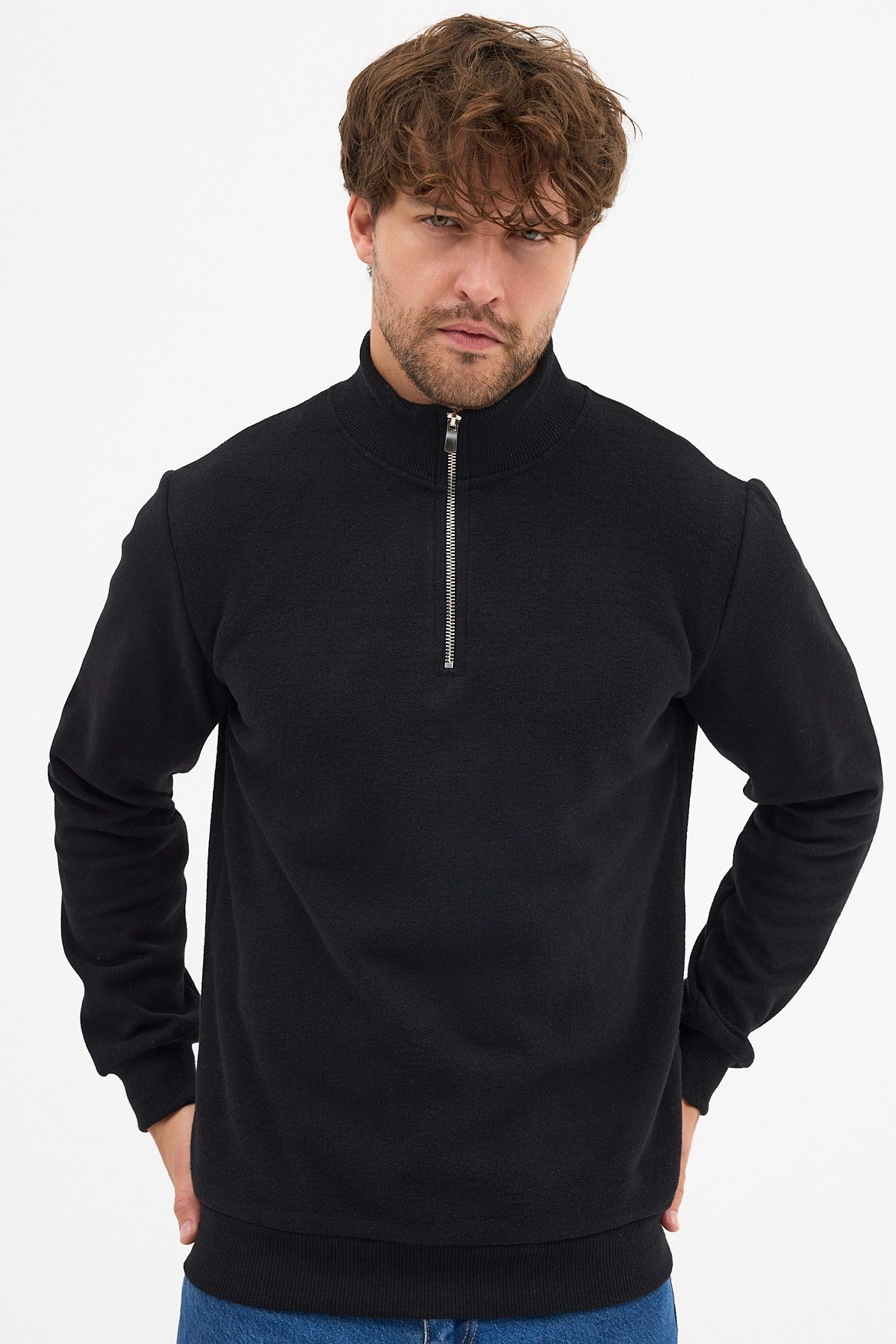 Erkek Siyah Standart Fit Normal Kesim Pamuklu Yarım Fermuarlı Dik Yaka Pamuklu Sweatshirt
