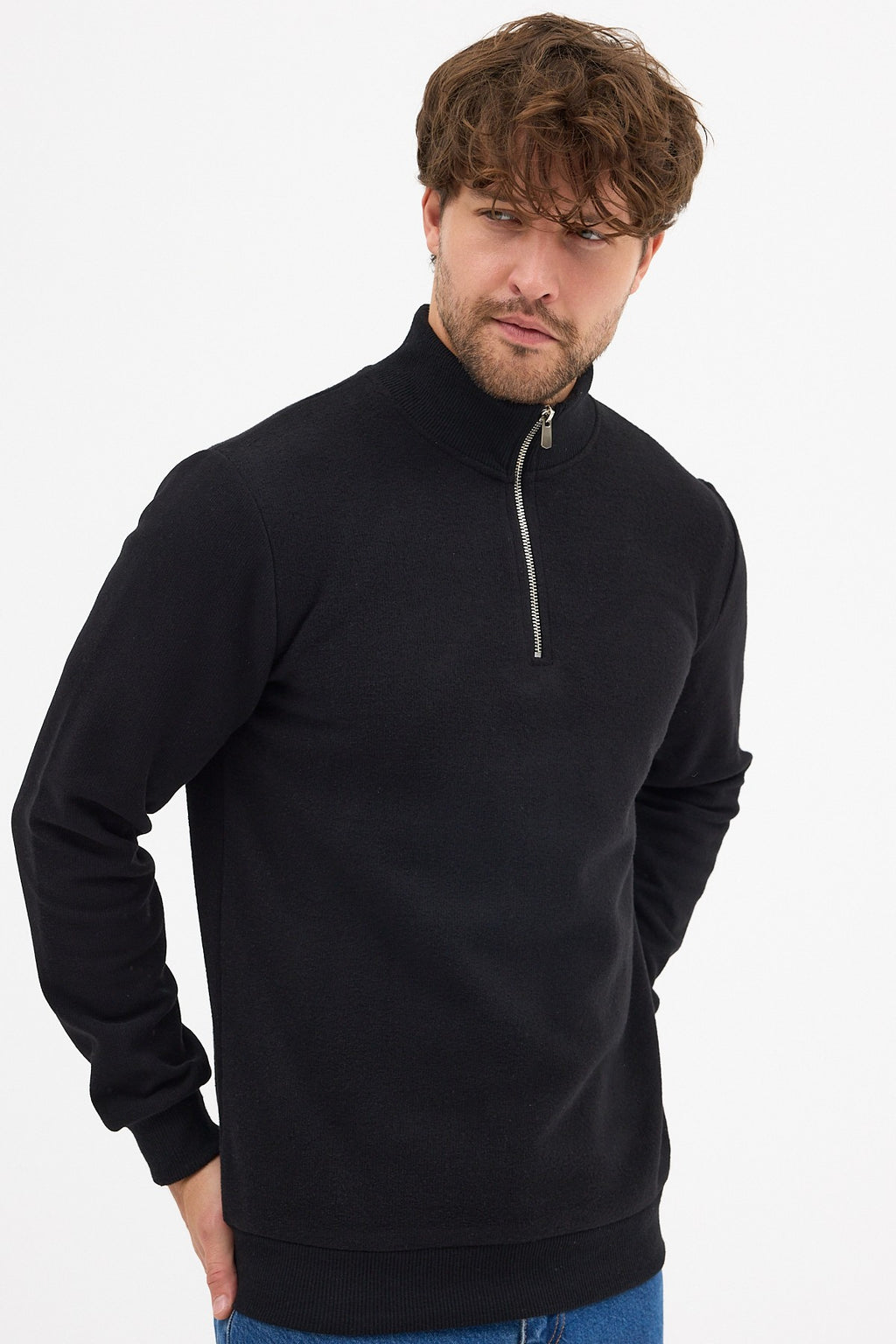 Erkek Siyah Standart Fit Normal Kesim Pamuklu Yarım Fermuarlı Dik Yaka Pamuklu Sweatshirt