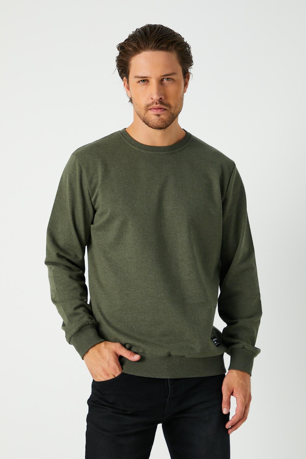 Erkek Haki Basic Bisiklet Yaka Regular Fit Normal Kesim 2 İplik Sweatshirt