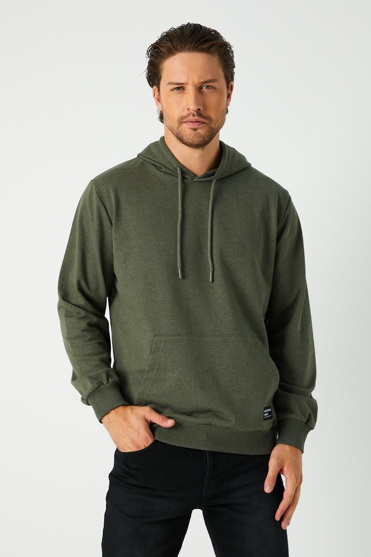 Erkek Haki Basic Kapüşonlu Regular Fit Normal Kesim 2 İplik Kumaş Günlük Sweatshirt