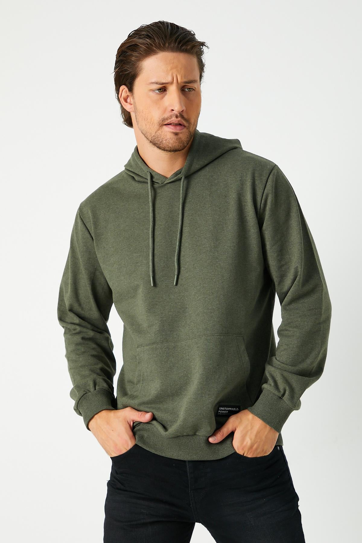 Erkek Haki Basic Kapüşonlu Regular Fit Normal Kesim 2 İplik Kumaş Günlük Sweatshirt