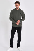 Erkek Haki Çift Bisiklet Yaka Baskı Detaylı Standart Rahat Kesim Sweatshirt