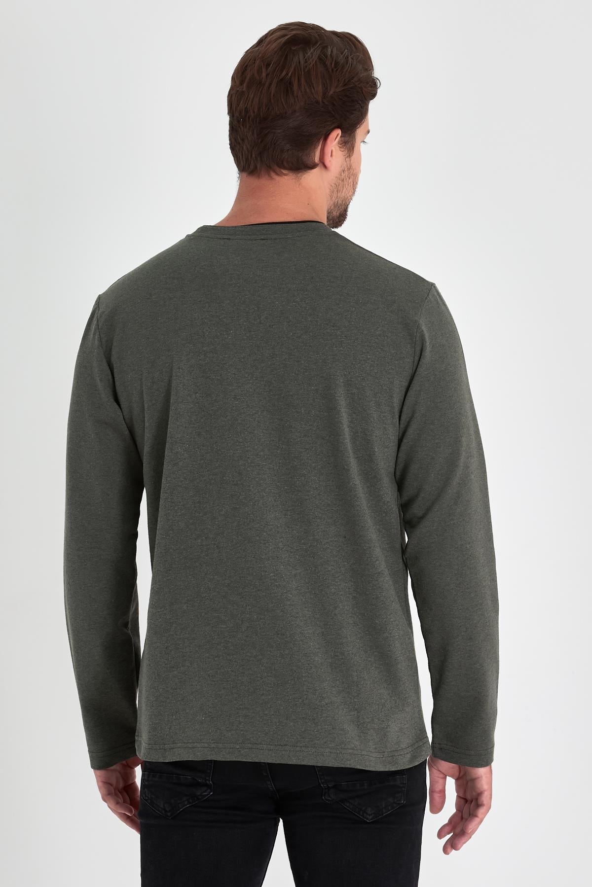 Erkek Haki Çift Bisiklet Yaka Baskı Detaylı Standart Rahat Kesim Sweatshirt