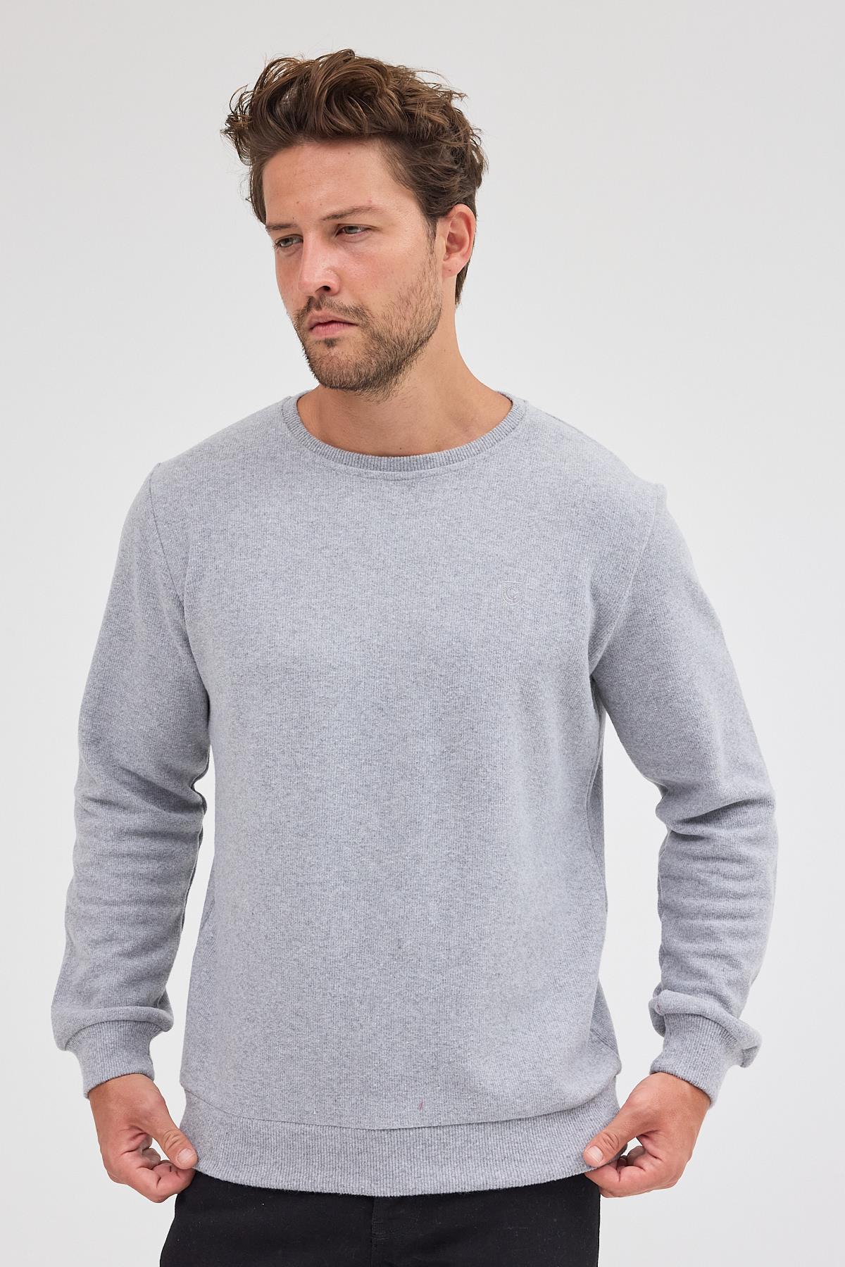 Erkek Gri Fit Normal Kesim Pamuklu Basic Bisiklet Yaka Sweatshirt